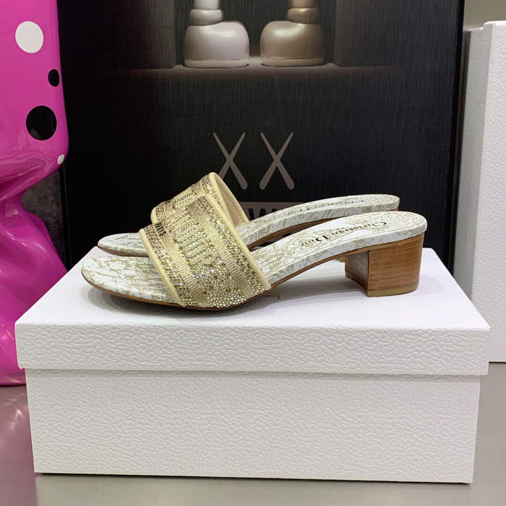 Dior Women's Shoes Dway Heeled Slide Metallic Thread Strass KCQ244CHS Gold