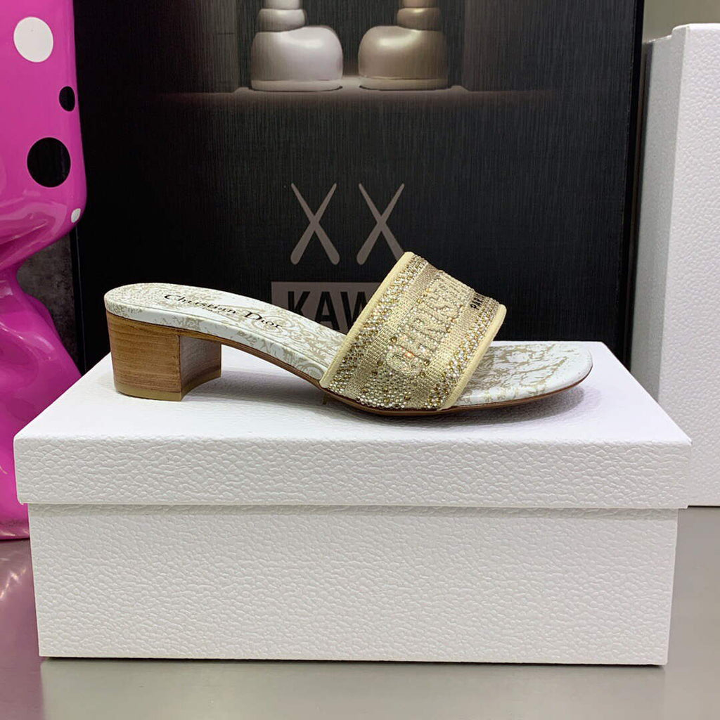 Dior Women's Shoes Dway Heeled Slide Metallic Thread Strass KCQ244CHS Gold
