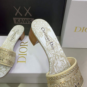 Dior Women's Shoes Dway Heeled Slide Metallic Thread Strass KCQ244CHS Gold - 35 - View 7
