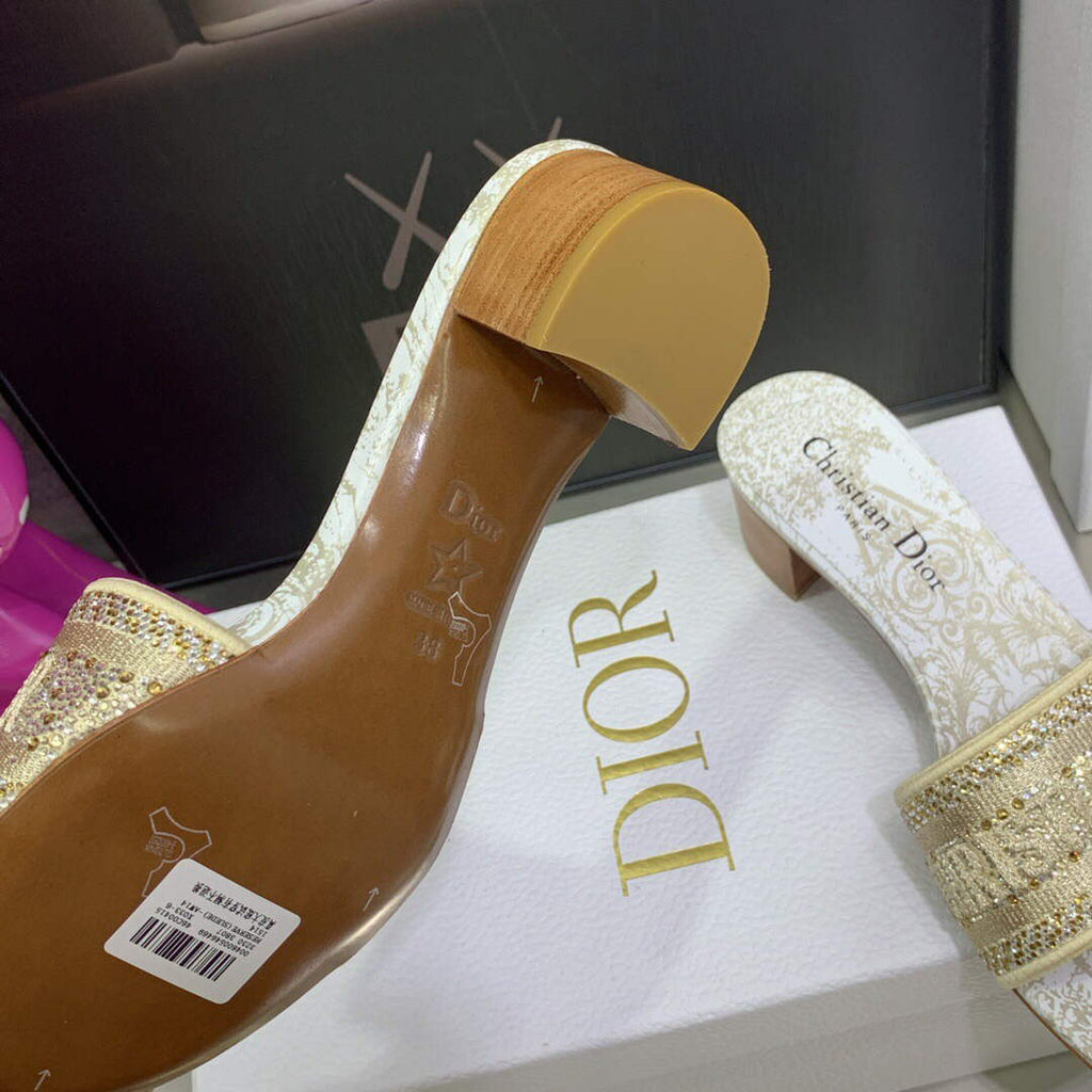 Dior Women's Shoes Dway Heeled Slide Metallic Thread Strass KCQ244CHS Gold