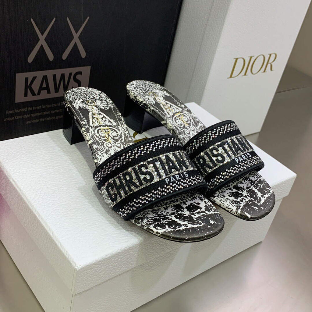 Dior Women's Shoes Dway Heeled Slide Metallic Thread Strass KCQ244CHS Black