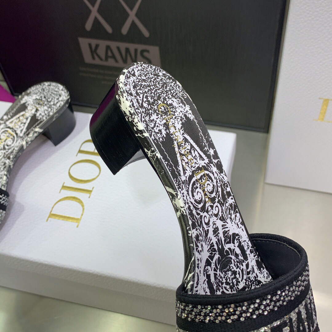 Dior Women's Shoes Dway Heeled Slide Metallic Thread Strass KCQ244CHS Black