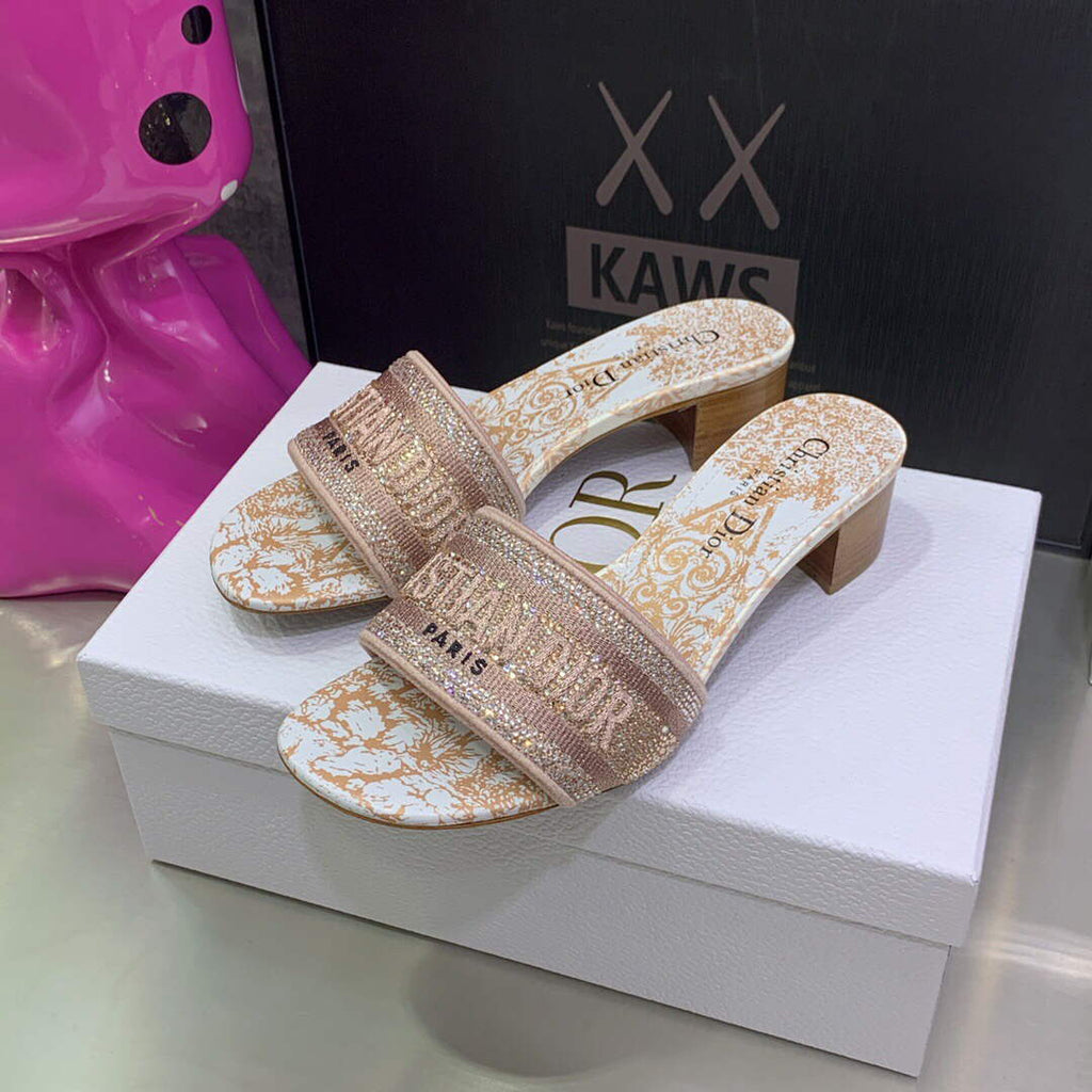 Dior Women's Shoes Dway Heeled Slide Metallic Thread Strass KCQ244CHS naked powder