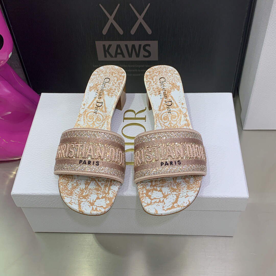 Dior Women's Shoes Dway Heeled Slide Metallic Thread Strass KCQ244CHS naked powder