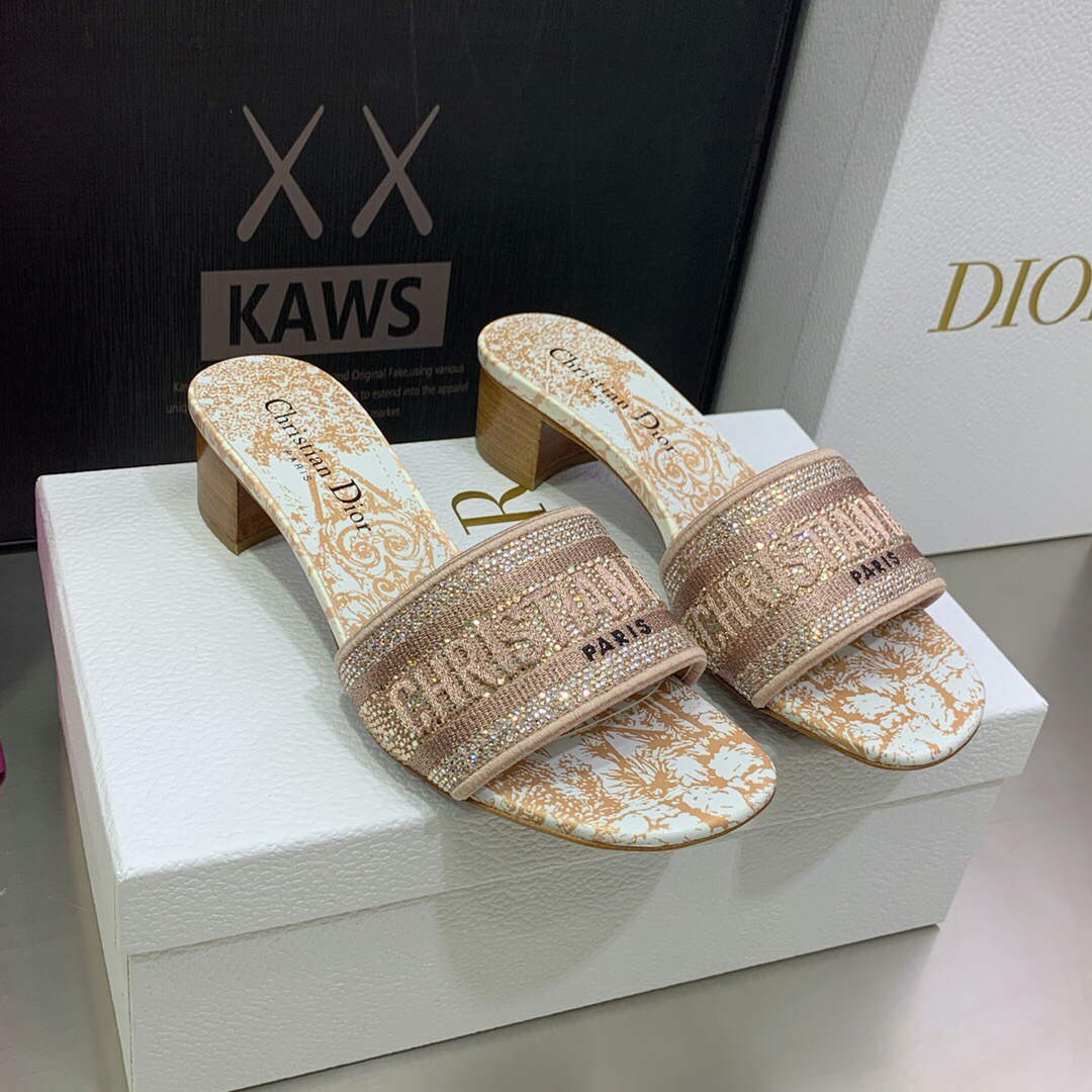 Dior Women's Shoes Dway Heeled Slide Metallic Thread Strass KCQ244CHS naked powder