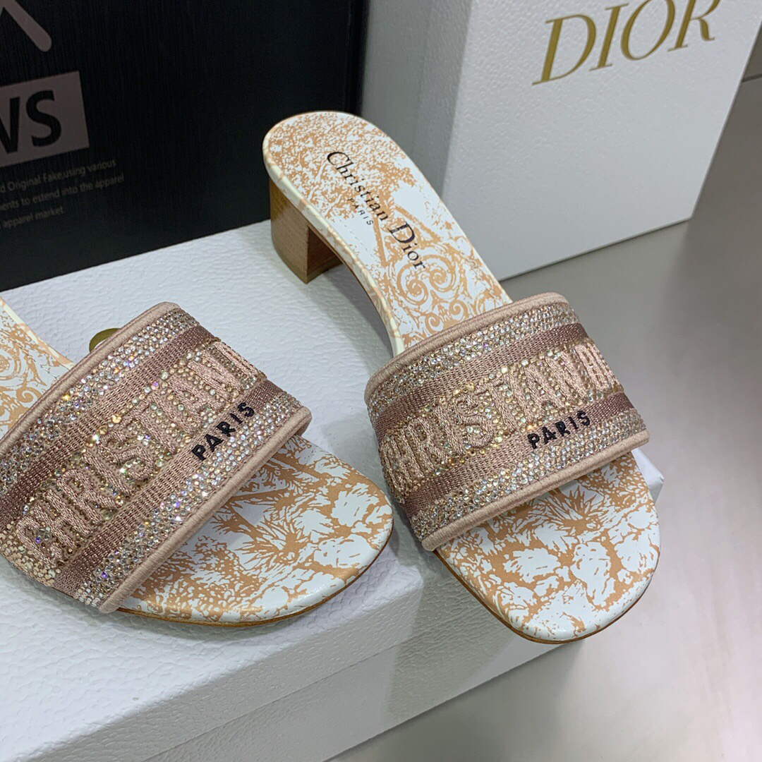 Dior Women's Shoes Dway Heeled Slide Metallic Thread Strass KCQ244CHS naked powder