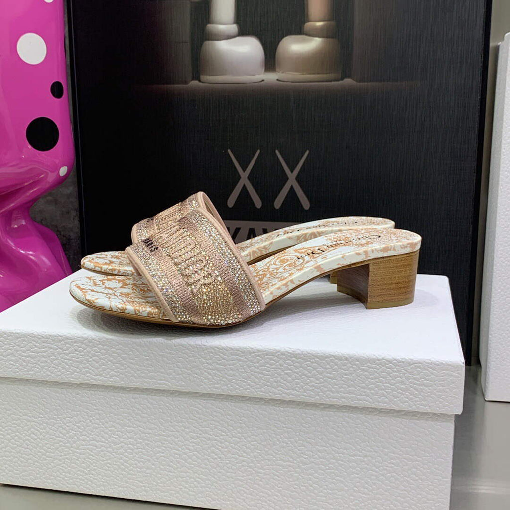 Dior Women's Shoes Dway Heeled Slide Metallic Thread Strass KCQ244CHS naked powder