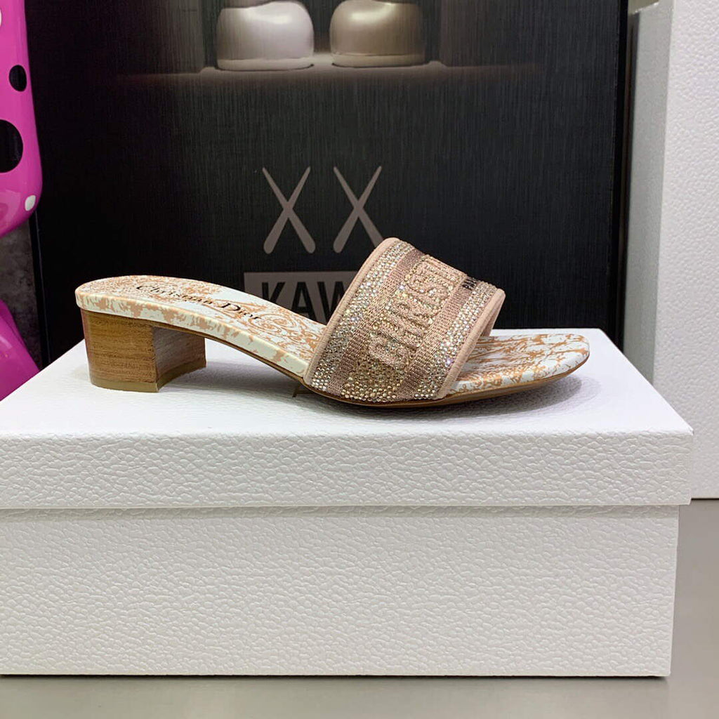 Dior Women's Shoes Dway Heeled Slide Metallic Thread Strass KCQ244CHS naked powder