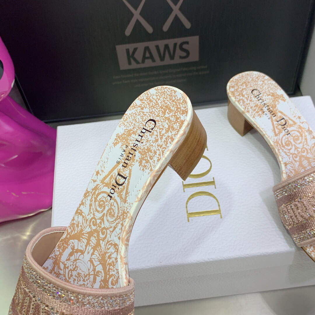 Dior Women's Shoes Dway Heeled Slide Metallic Thread Strass KCQ244CHS naked powder