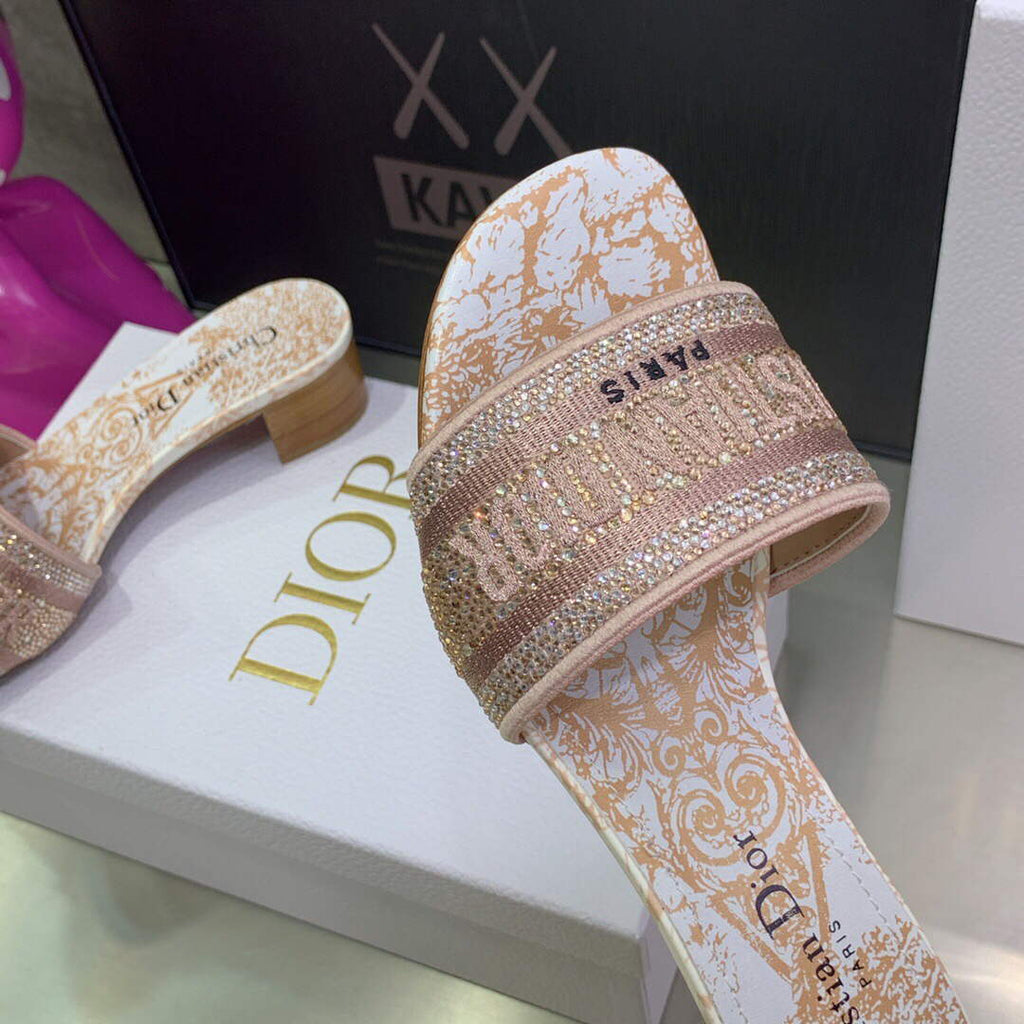 Dior Women's Shoes Dway Heeled Slide Metallic Thread Strass KCQ244CHS naked powder