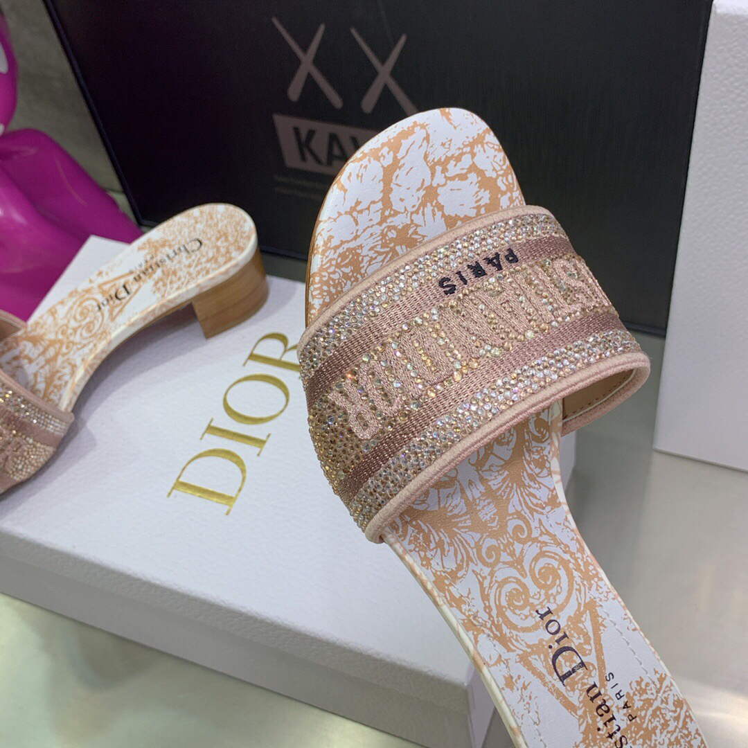 Dior Women's Shoes Dway Heeled Slide Metallic Thread Strass KCQ244CHS naked powder