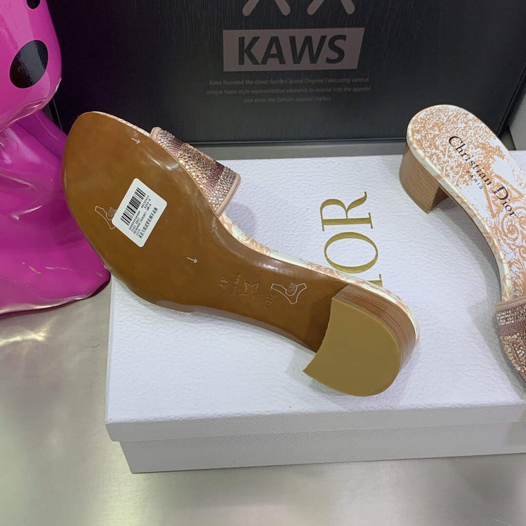 Dior Women's Shoes Dway Heeled Slide Metallic Thread Strass KCQ244CHS naked powder