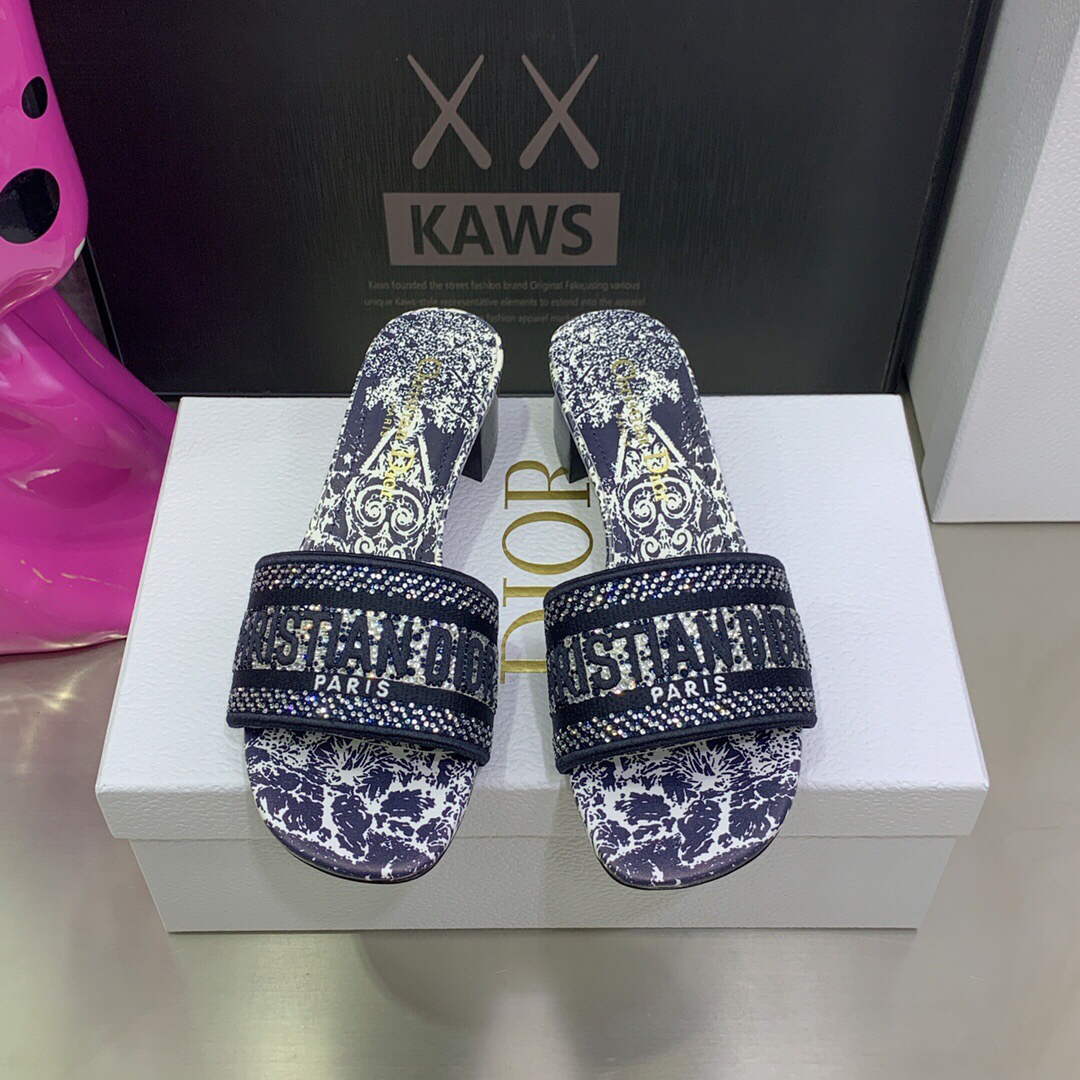 Dior Women's Shoes Dway Heeled Slide Metallic Thread Strass KCQ244CHS Navy blue - 35 - View 1