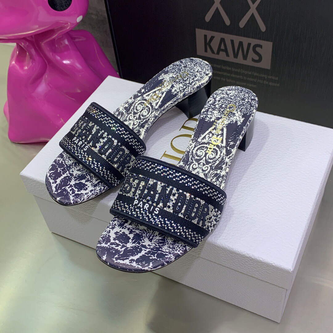 Dior Women's Shoes Dway Heeled Slide Metallic Thread Strass KCQ244CHS Navy blue