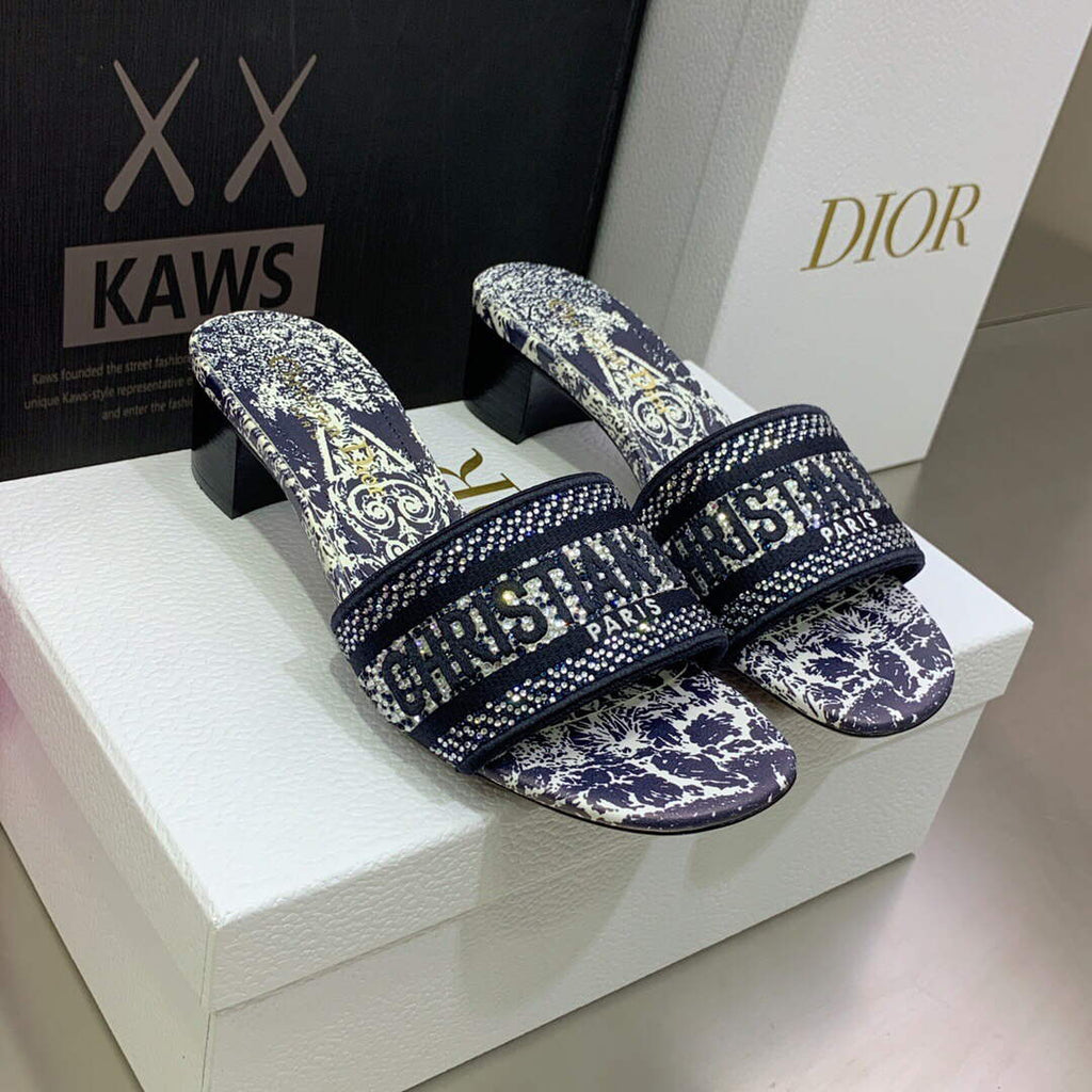 Dior Women's Shoes Dway Heeled Slide Metallic Thread Strass KCQ244CHS Navy blue