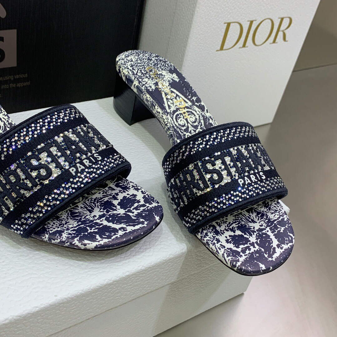 Dior Women's Shoes Dway Heeled Slide Metallic Thread Strass KCQ244CHS Navy blue