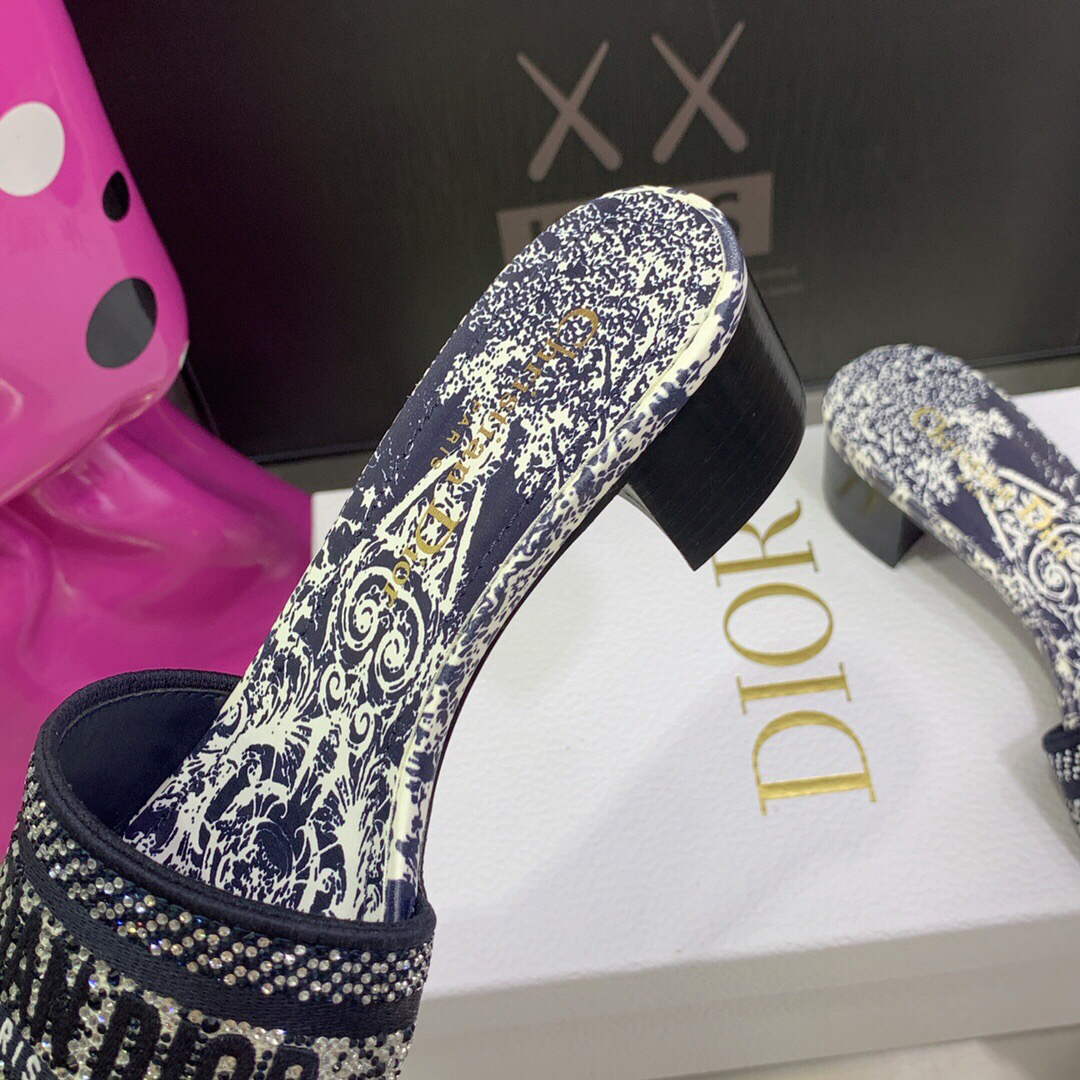 Dior Women's Shoes Dway Heeled Slide Metallic Thread Strass KCQ244CHS Navy blue