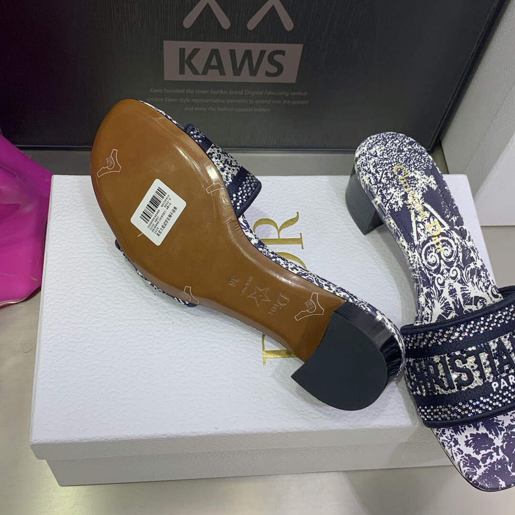 Dior Women's Shoes Dway Heeled Slide Metallic Thread Strass KCQ244CHS Navy blue