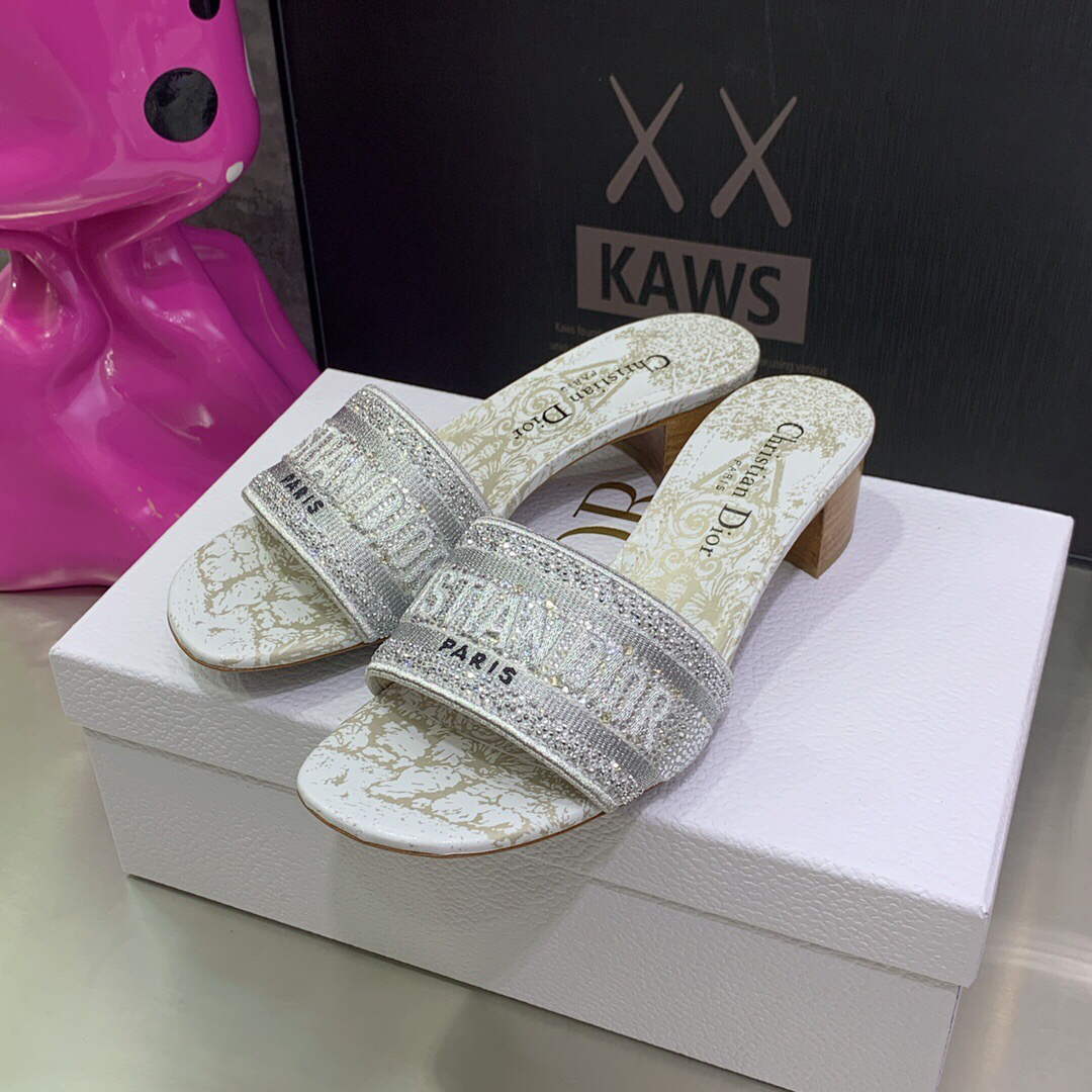 Dior Women's Shoes Dway Heeled Slide Metallic Thread Strass KCQ244CHS Gray