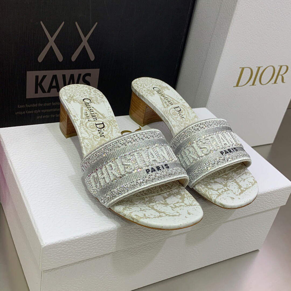 Dior Women's Shoes Dway Heeled Slide Metallic Thread Strass KCQ244CHS Gray