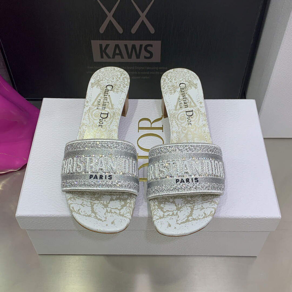 Dior Women's Shoes Dway Heeled Slide Metallic Thread Strass KCQ244CHS Gray