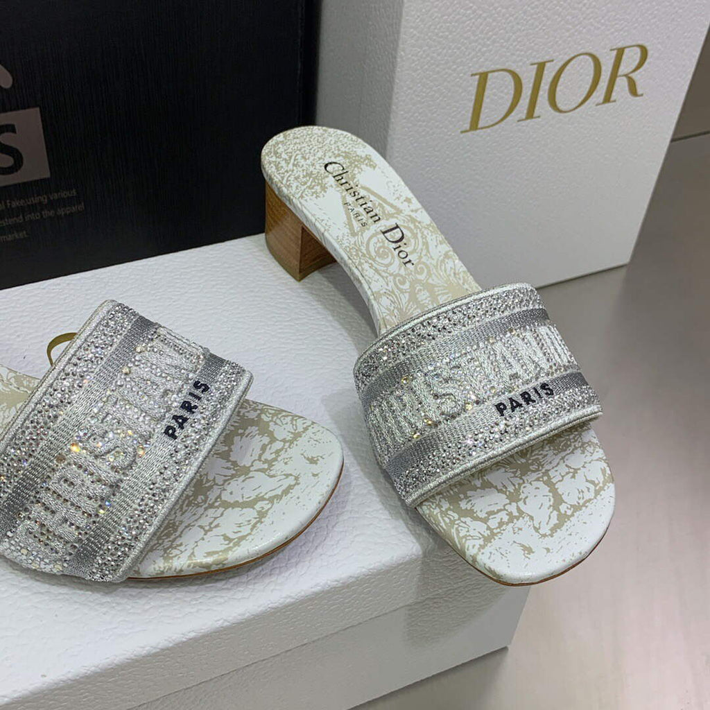 Dior Women's Shoes Dway Heeled Slide Metallic Thread Strass KCQ244CHS Gray