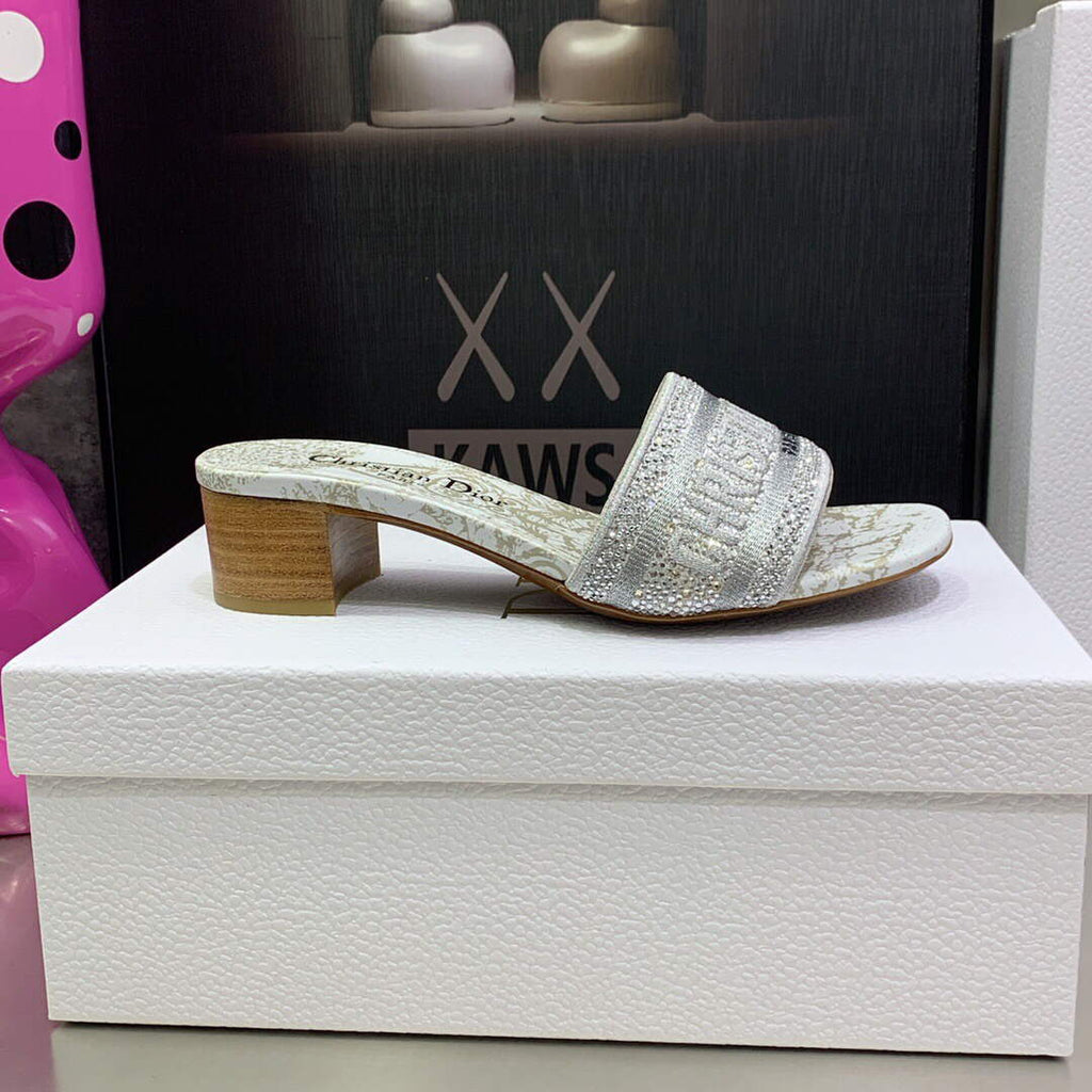 Dior Women's Shoes Dway Heeled Slide Metallic Thread Strass KCQ244CHS Gray