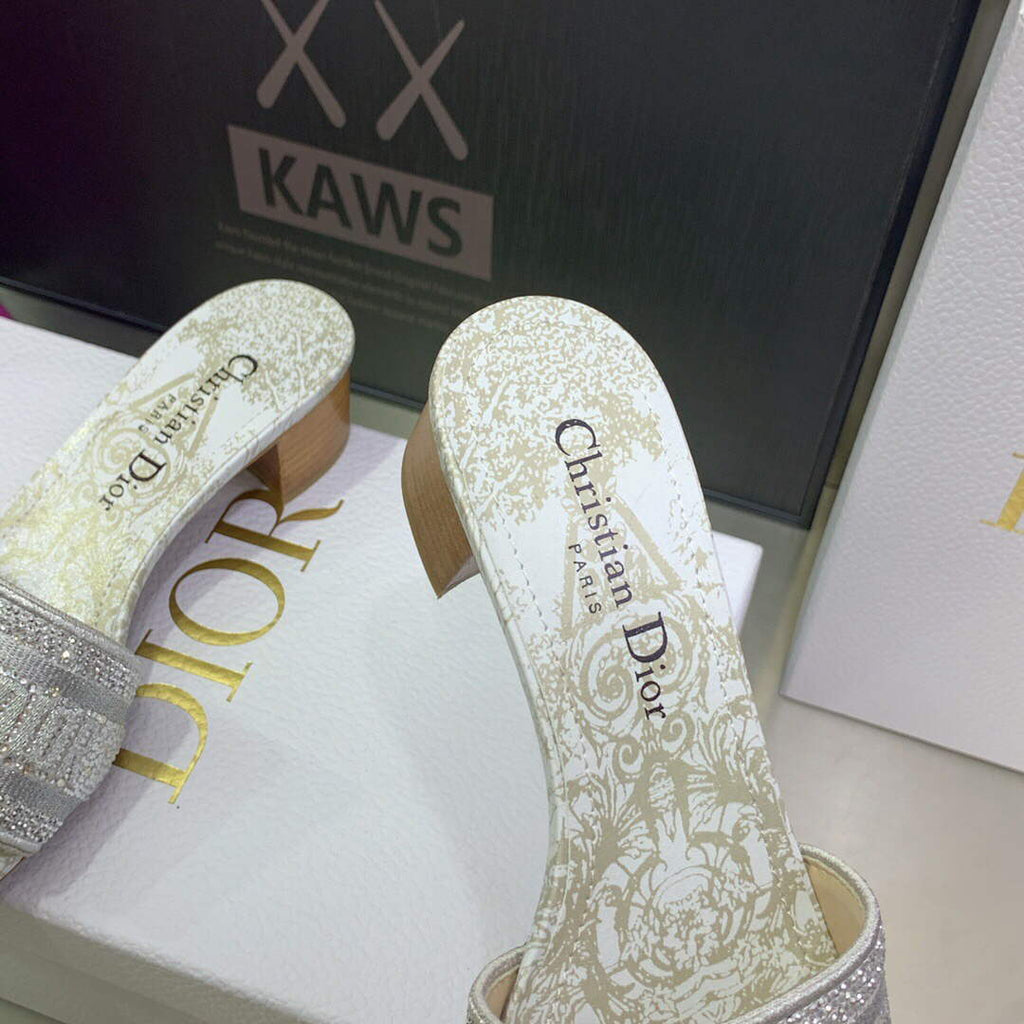 Dior Women's Shoes Dway Heeled Slide Metallic Thread Strass KCQ244CHS Gray