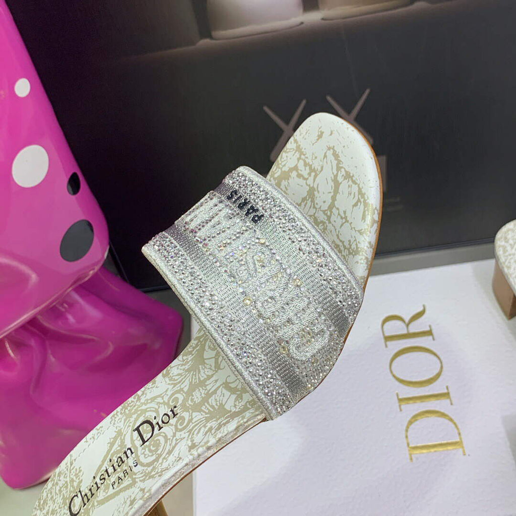 Dior Women's Shoes Dway Heeled Slide Metallic Thread Strass KCQ244CHS Gray