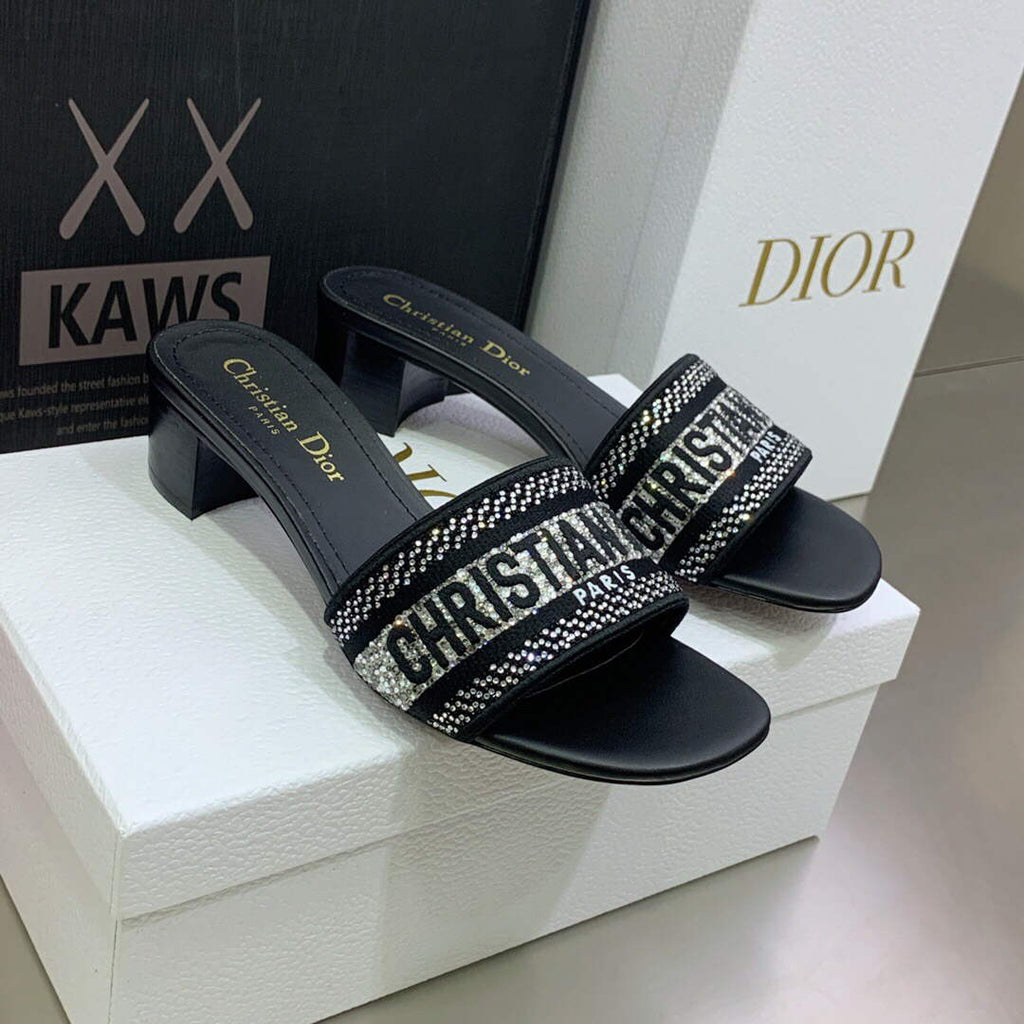 Dior Women's Shoes Dway Heeled Slide Metallic Thread Strass KCQ244LCS Black