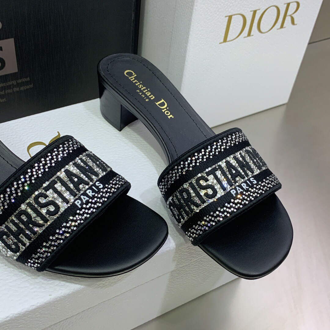 Dior Women's Shoes Dway Heeled Slide Metallic Thread Strass KCQ244LCS Black