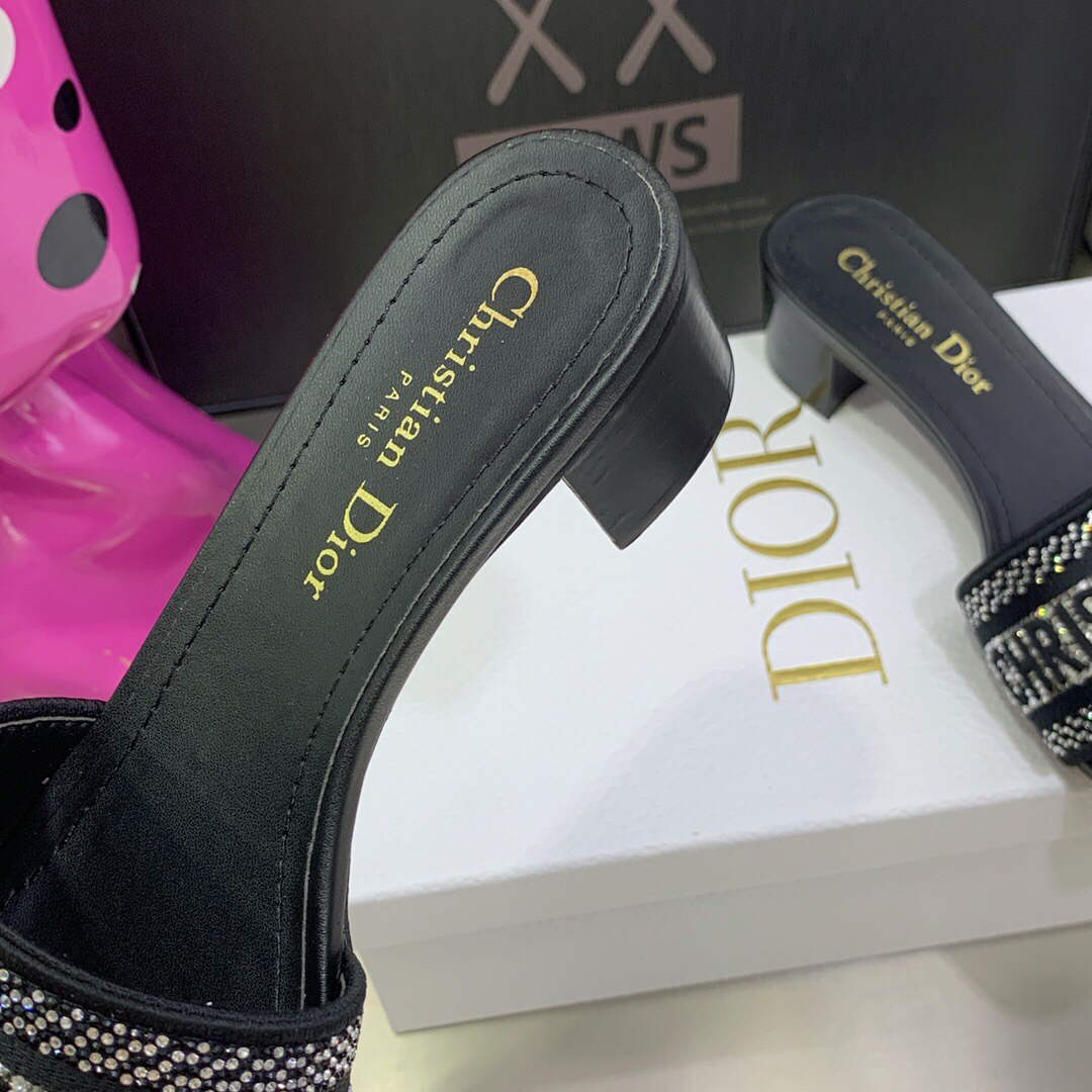 Dior Women's Shoes Dway Heeled Slide Metallic Thread Strass KCQ244LCS Black