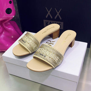 Dior Women's Shoes Dway Heeled Slide Metallic Thread Strass KCQ244LCS Yellow - 35 - View 1