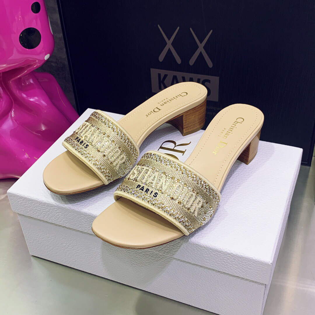 Dior Women's Shoes Dway Heeled Slide Metallic Thread Strass KCQ244LCS Yellow