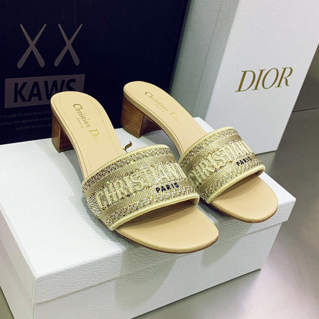Dior Women's Shoes Dway Heeled Slide Metallic Thread Strass KCQ244LCS Yellow