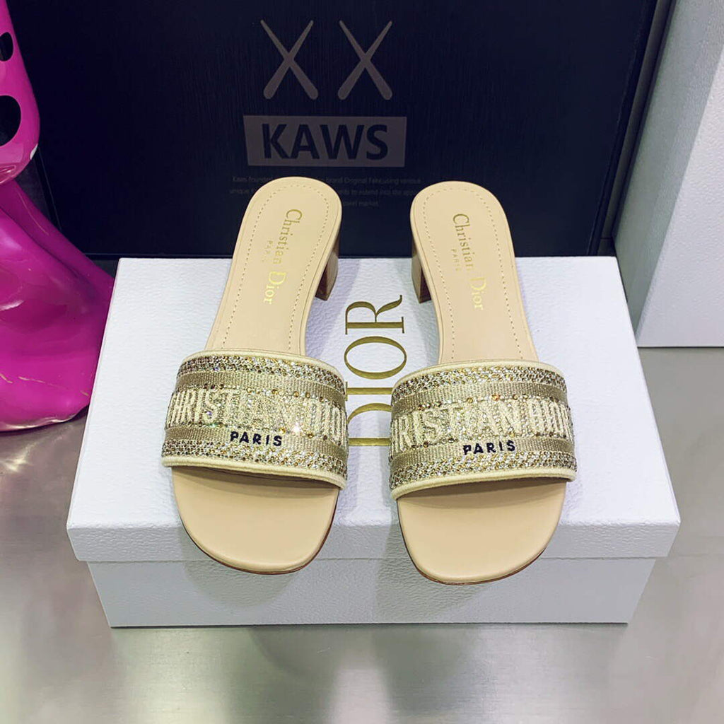 Dior Women's Shoes Dway Heeled Slide Metallic Thread Strass KCQ244LCS Yellow