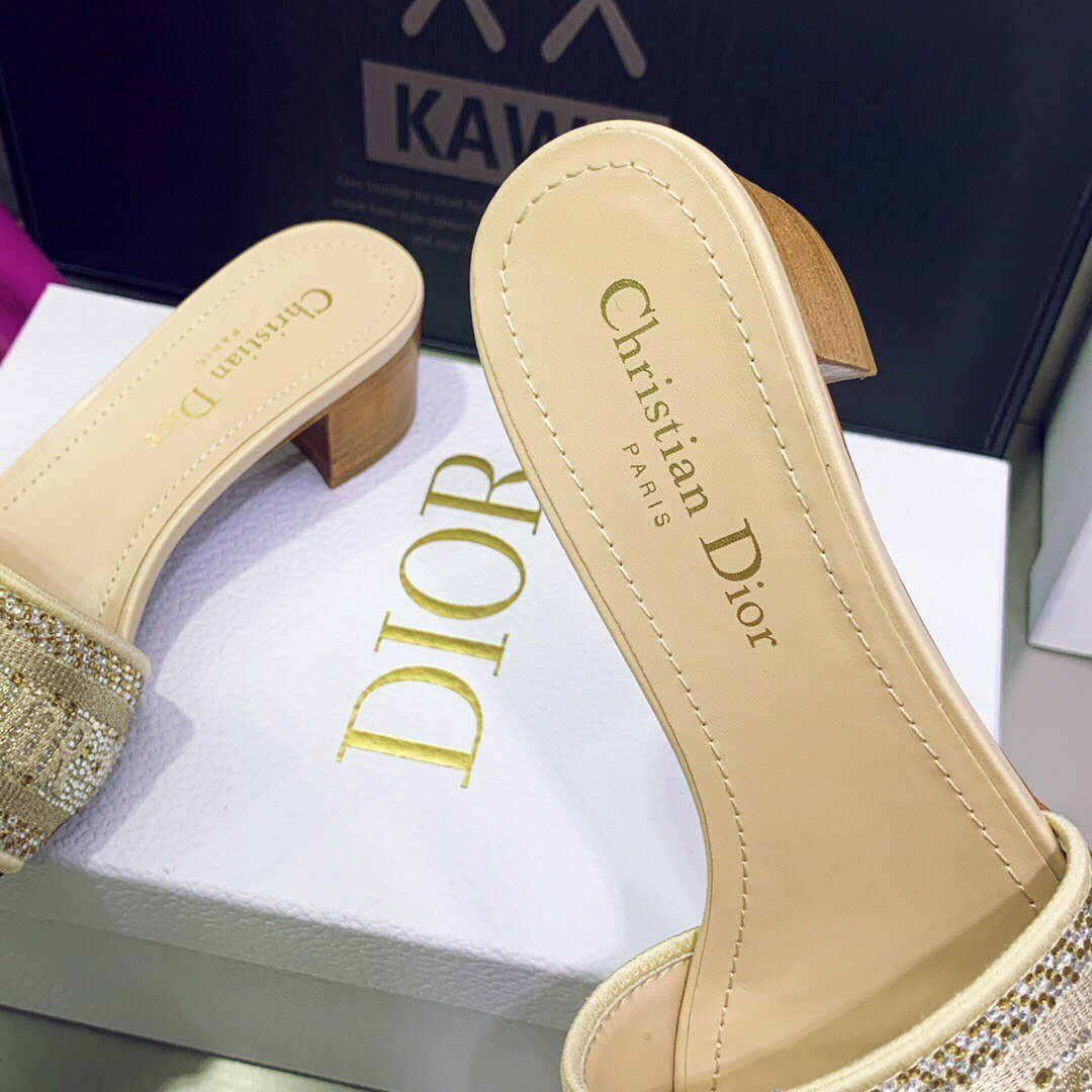 Dior Women's Shoes Dway Heeled Slide Metallic Thread Strass KCQ244LCS Yellow