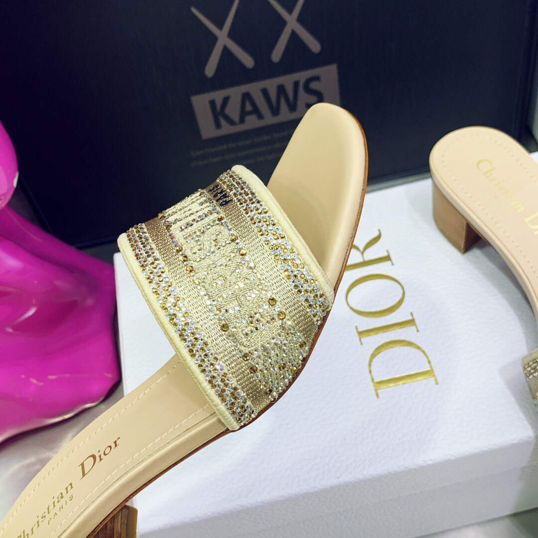Dior Women's Shoes Dway Heeled Slide Metallic Thread Strass KCQ244LCS Yellow