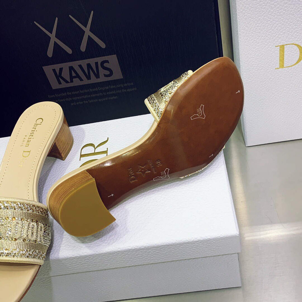 Dior Women's Shoes Dway Heeled Slide Metallic Thread Strass KCQ244LCS Yellow