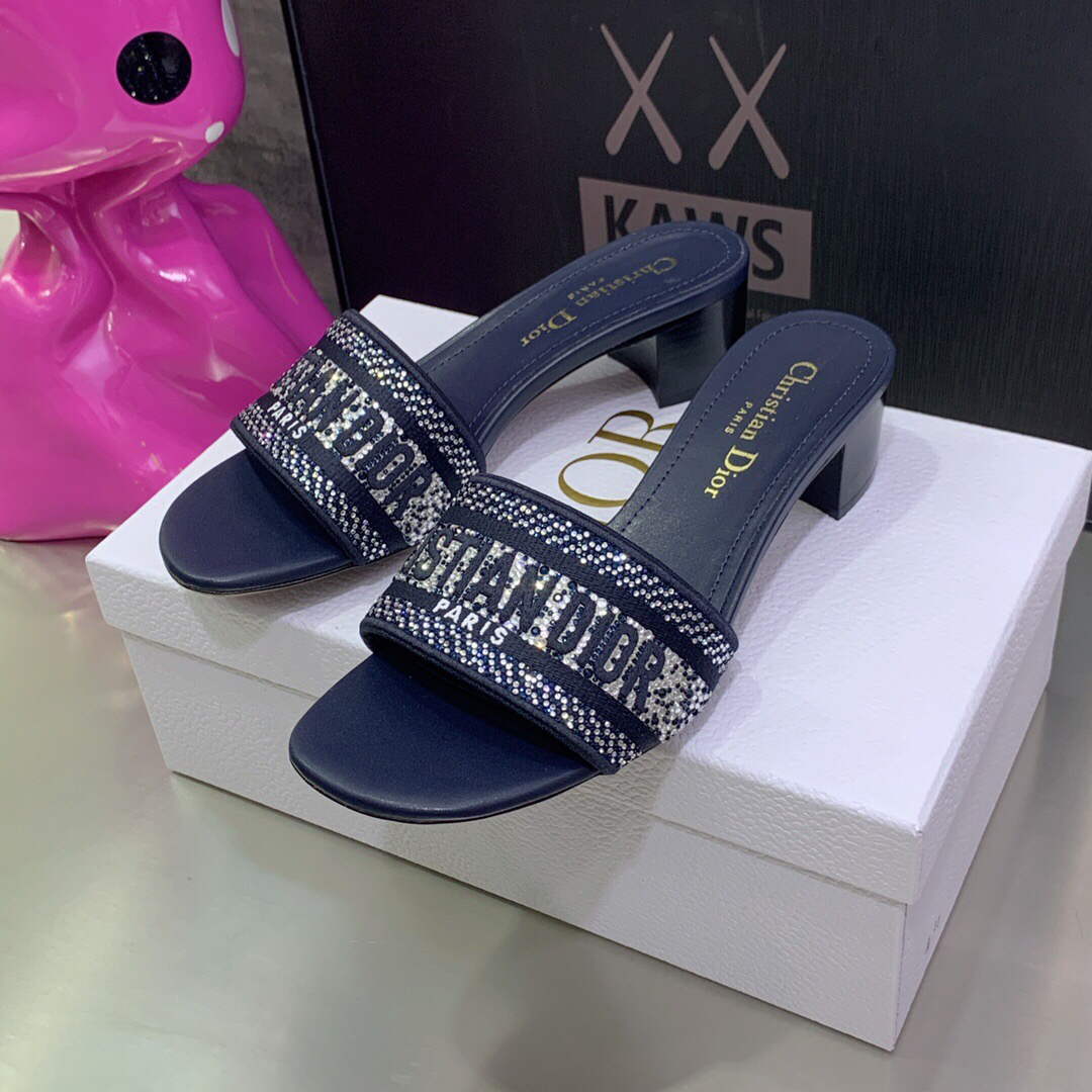 Dior Women's Shoes Dway Heeled Slide Metallic Thread Strass KCQ244LCS Navy blue