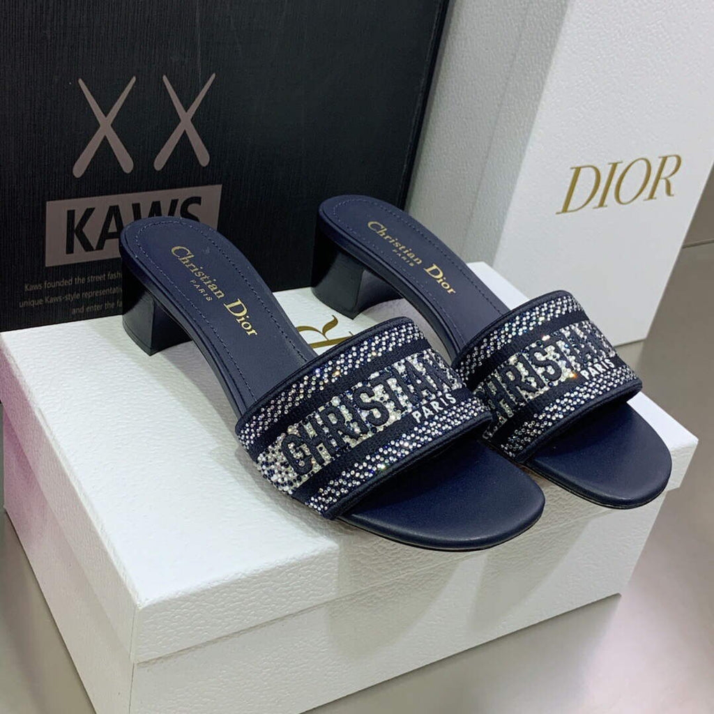 Dior Women's Shoes Dway Heeled Slide Metallic Thread Strass KCQ244LCS Navy blue