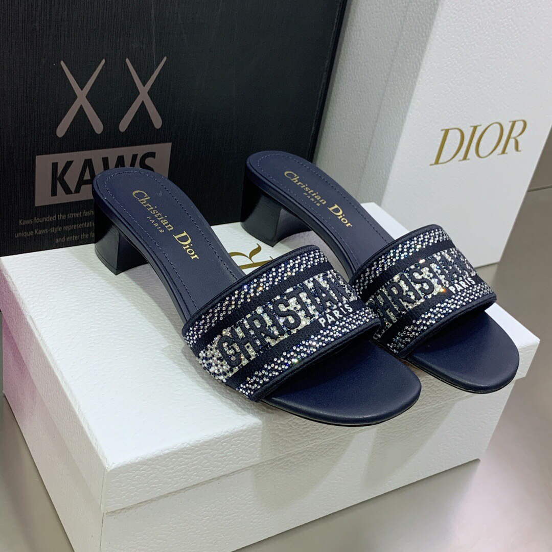 Dior Women's Shoes Dway Heeled Slide Metallic Thread Strass KCQ244LCS Navy blue