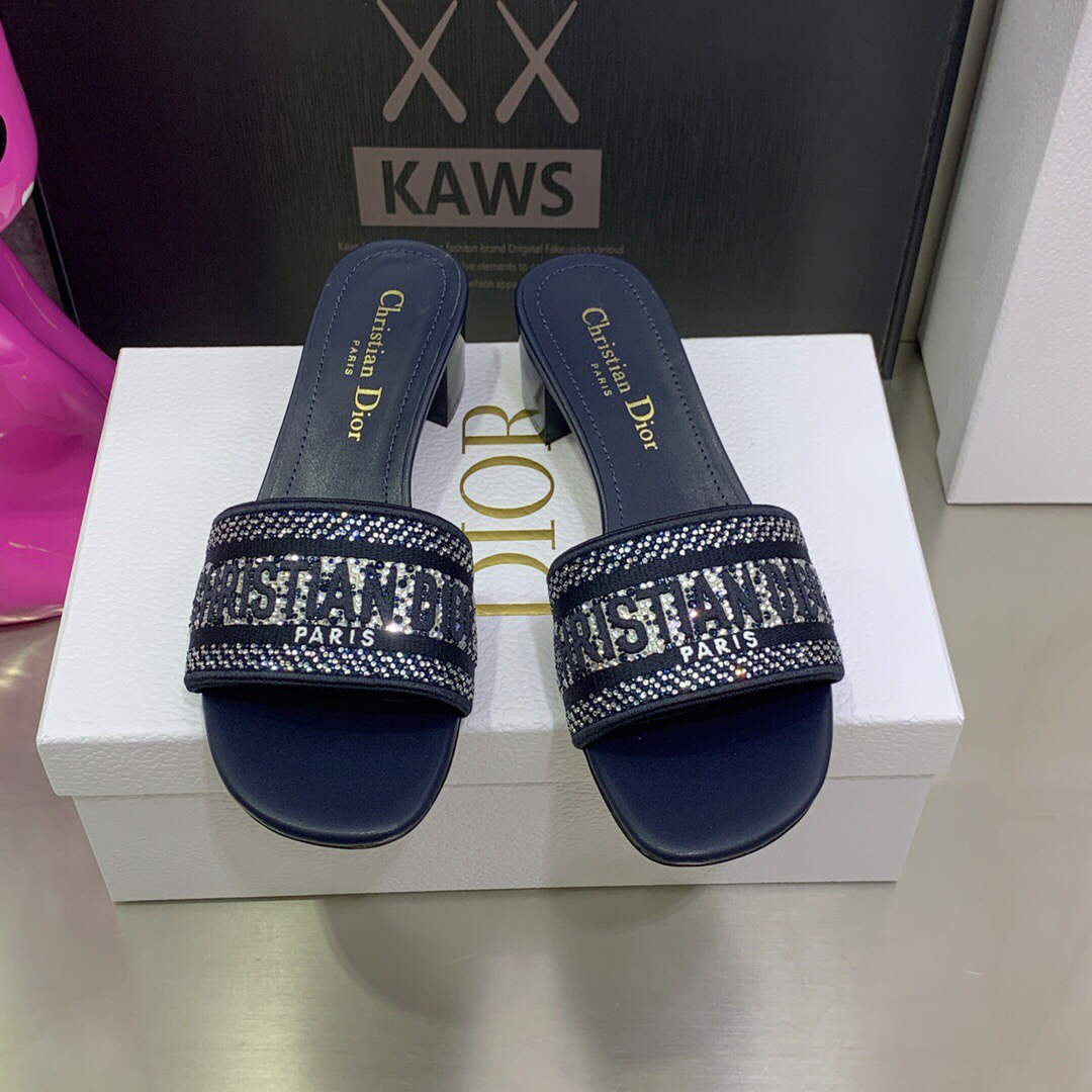 Dior Women's Shoes Dway Heeled Slide Metallic Thread Strass KCQ244LCS Navy blue