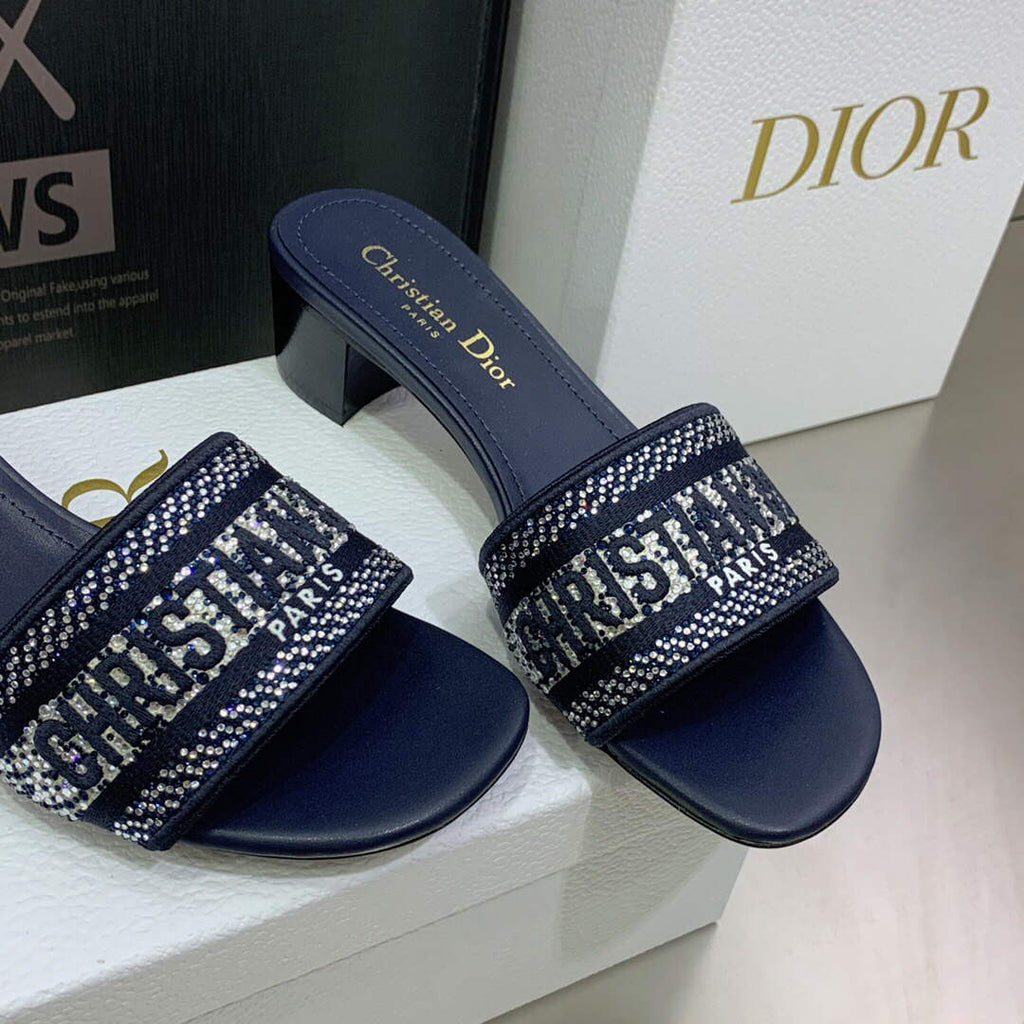 Dior Women's Shoes Dway Heeled Slide Metallic Thread Strass KCQ244LCS Navy blue