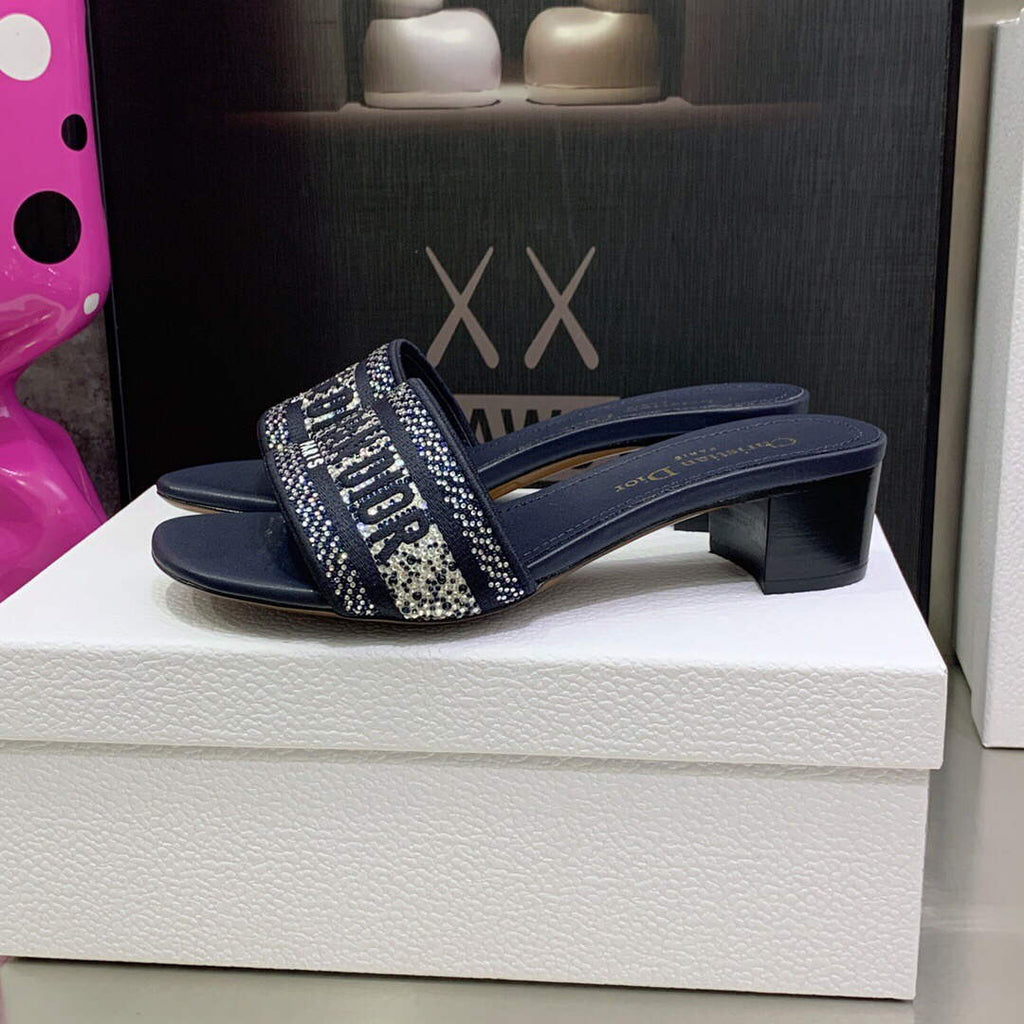 Dior Women's Shoes Dway Heeled Slide Metallic Thread Strass KCQ244LCS Navy blue