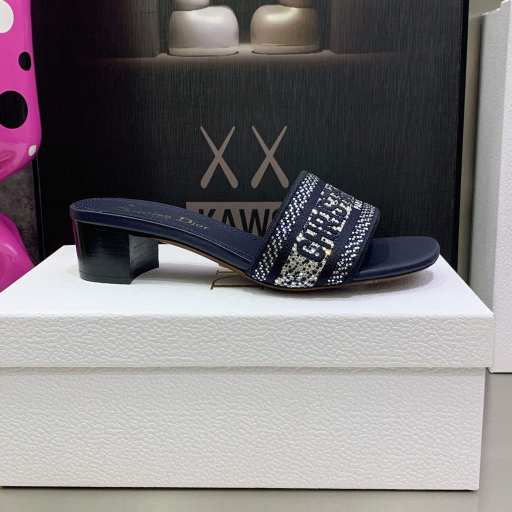 Dior Women's Shoes Dway Heeled Slide Metallic Thread Strass KCQ244LCS Navy blue