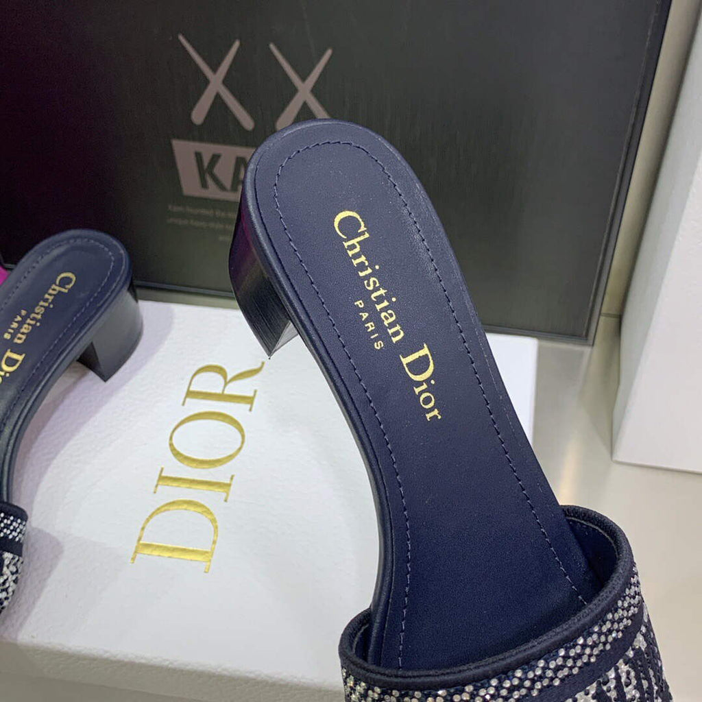Dior Women's Shoes Dway Heeled Slide Metallic Thread Strass KCQ244LCS Navy blue