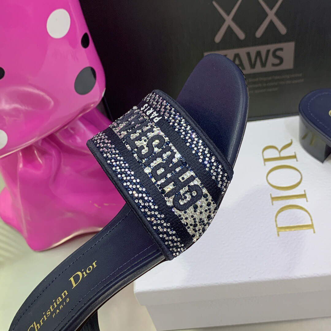 Dior Women's Shoes Dway Heeled Slide Metallic Thread Strass KCQ244LCS Navy blue