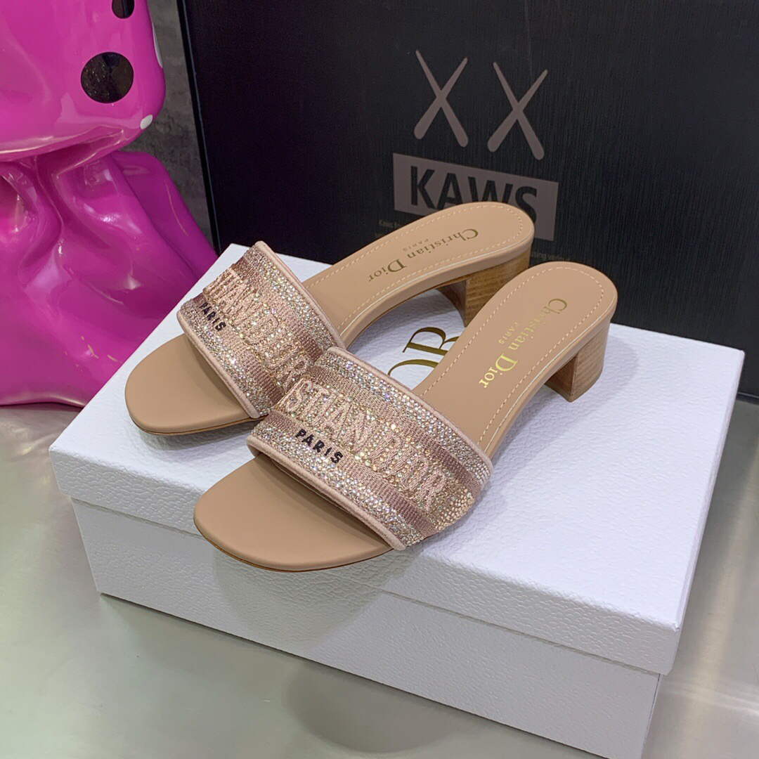 Dior Women's Shoes Dway Heeled Slide Metallic Thread Strass KCQ244LCS Pink