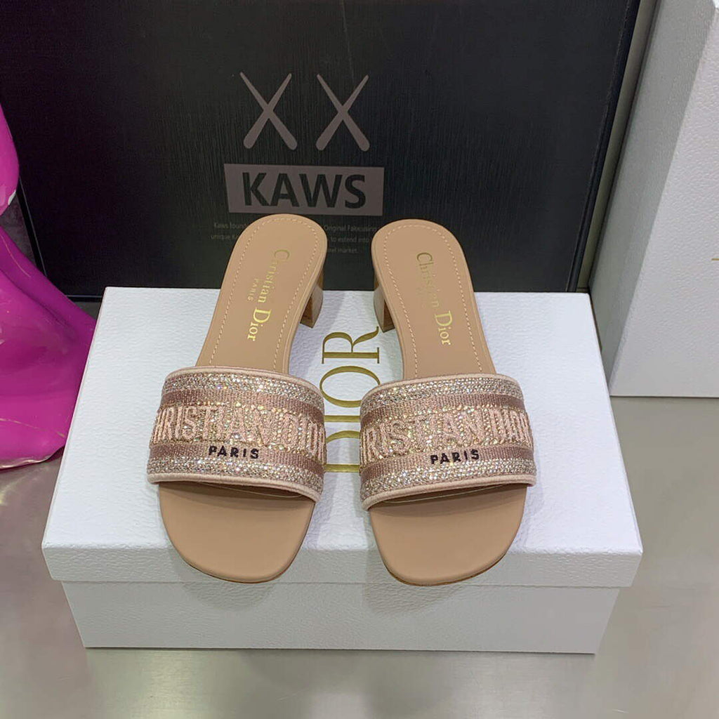 Dior Women's Shoes Dway Heeled Slide Metallic Thread Strass KCQ244LCS Pink